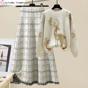 Grande conjunto feminino outono e inverno 2023 novo cervos de natal versátil camisola feminina magro meia saia conjunto de duas peças