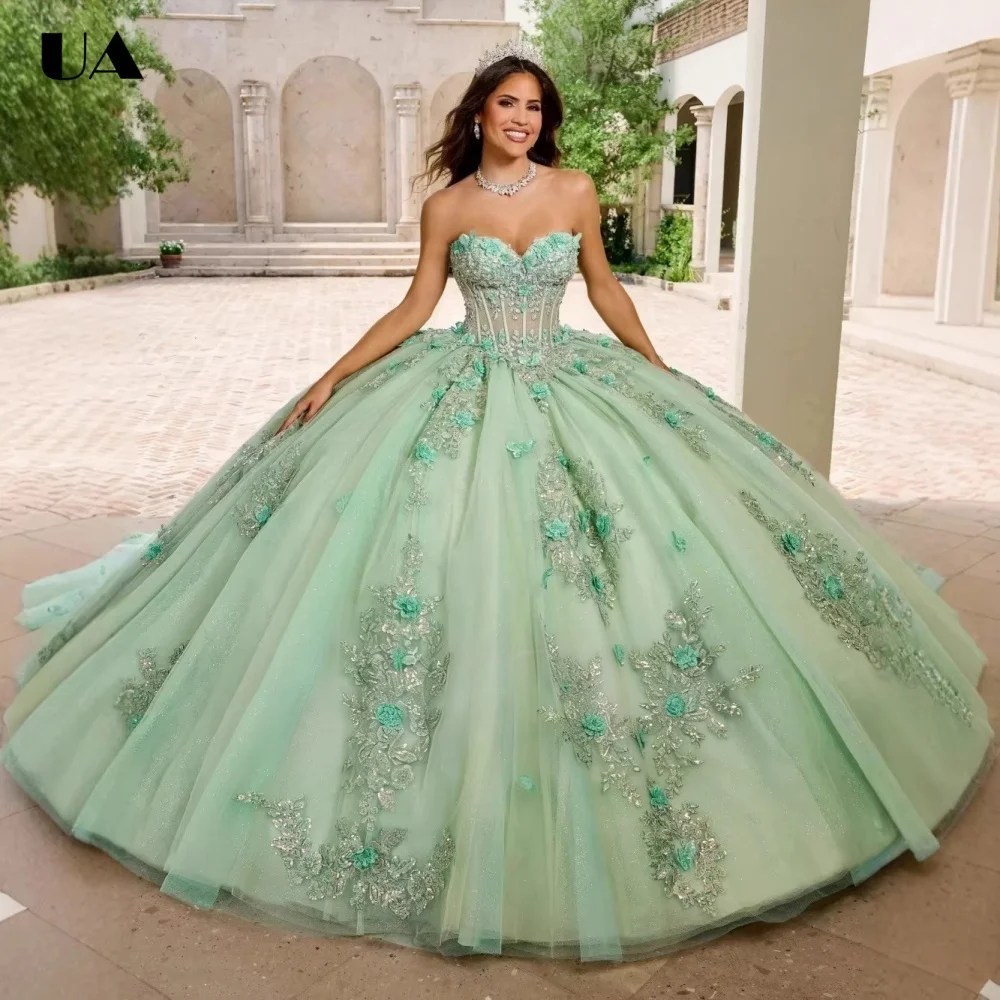 

Customized A-line Sweetheart Neck Appliques Sweet 15 Dress, Romantic 3D Flower Quinceanera Dress, Princess Style Mesh Ball Gown