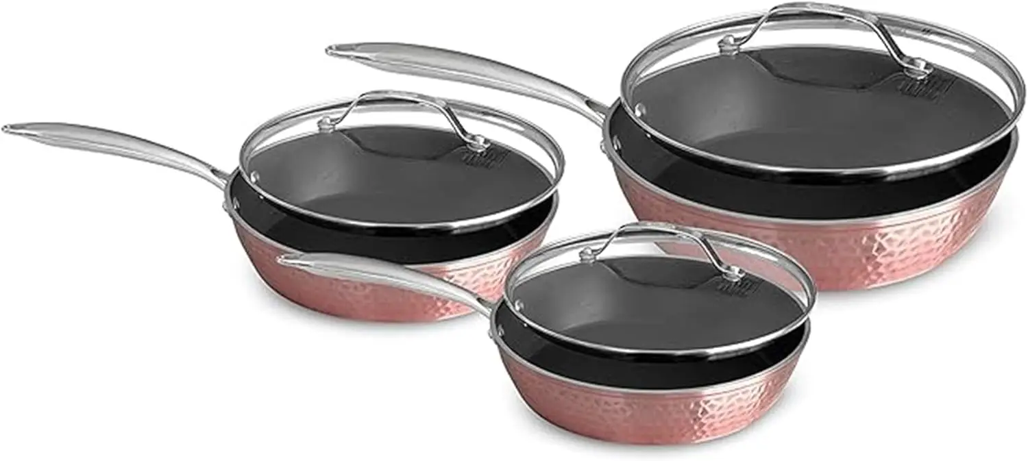 Luxurious Non-Stick Ceramic 3 Piece Rose Gold Cookware Set with Lid, Lightweight, Scratch-Resistant, Dishwasher Safe, Oven Safe