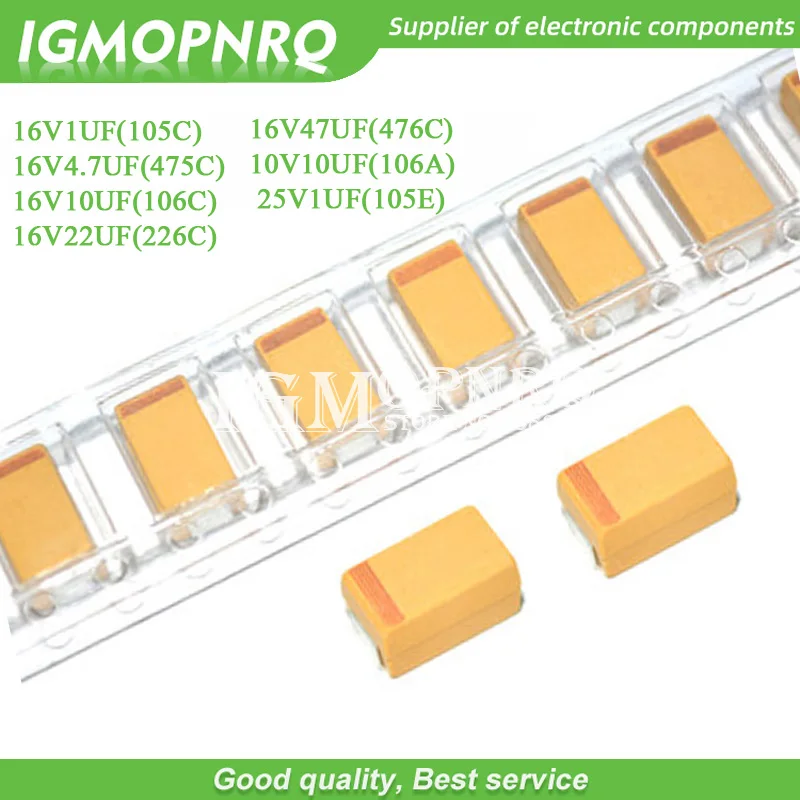 50PCS Kondensator tantalowy typu A 3216 16V1UF 16V4.7UF 16V10UF 16V22UF 10V10UF 25V1UF 16V47UF 105C 475C 106C 105E 476C Pojemność