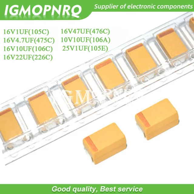 50PCS Kondensator tantalowy typu A 3216 16V1UF 16V4.7UF 16V10UF 16V22UF 10V10UF 25V1UF 16V47UF 105C 475C 106C 105E 476C Pojemność