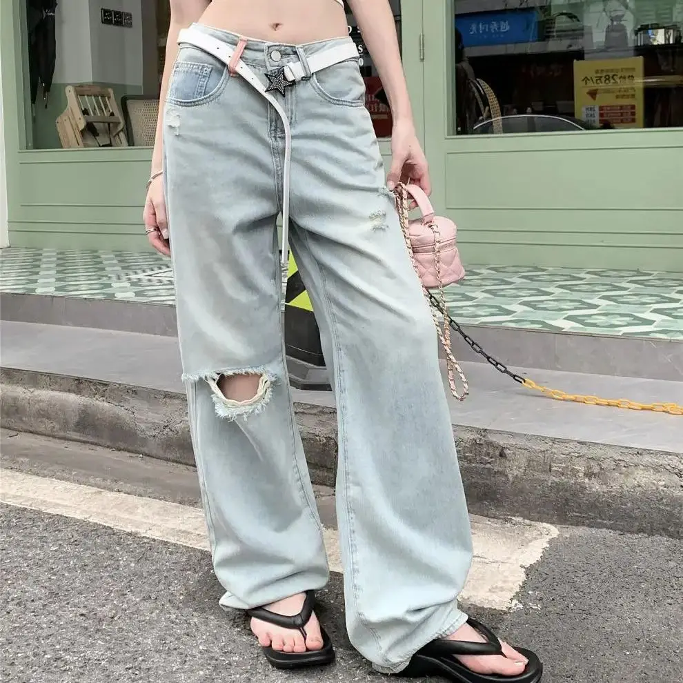 Summer new sweet hottie high-waisted loose pocket embroidered holes straight wide-leg floor-length denim trousers for women