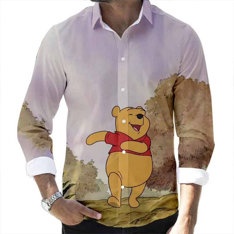 Fall New Disney Cartoon Casual 3D Printed Men\'s Long Sleeve Lapel Slim Fit Mickey Mouse and Winnie the Pooh Brand Men\'s Top