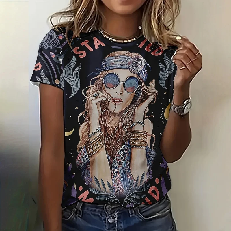 Girl Flower Pattern T Shirt For Women Exquisite Ethnic 3D Printed Short Sleeves Tees Summer Casual Loose T-Shirts O-Neck Tops