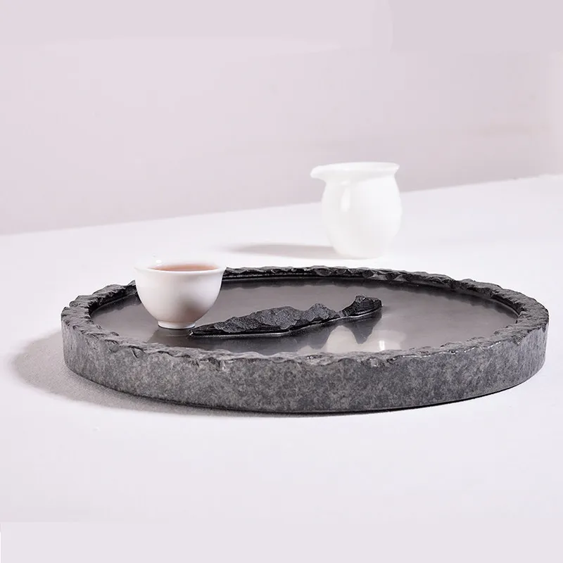 

Japanese Round Tea Ceremony Tray Stone Living Room Decorative Drainage Tea Tray Serving Bandeja Redonda Gongfu Tea Set OB50CP