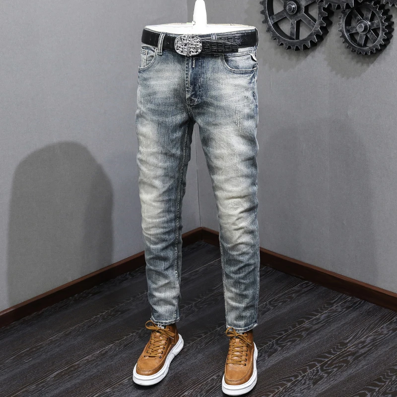 

Italian Fashion Designer Men Jeans Retro Washed Blue Stretch Slim Fit Frayed Ripped Jeans Men Casual Denim Pants Hombre