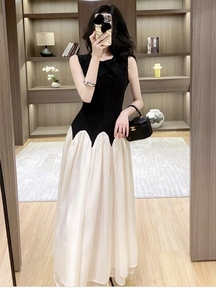 

SMTHMA New Fashion O-Neck Sleeveless Summer Dress French Elegant Design Splicing Slimming Waist Long Dresses Vestidos