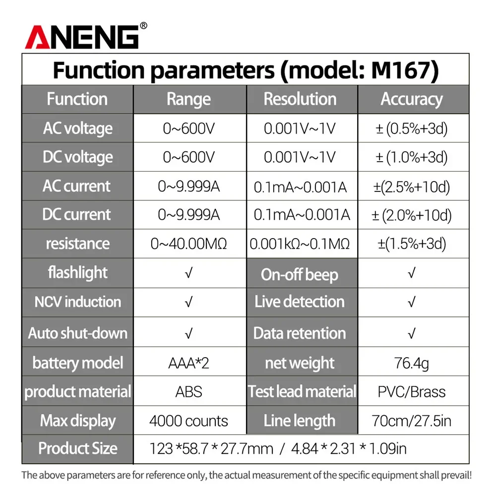 ANENG M167 Digital Mini Multimeter Tester Auto Multimetro True Rms Tranistor Meter with NCV Data Hold 4000counts Flashlight