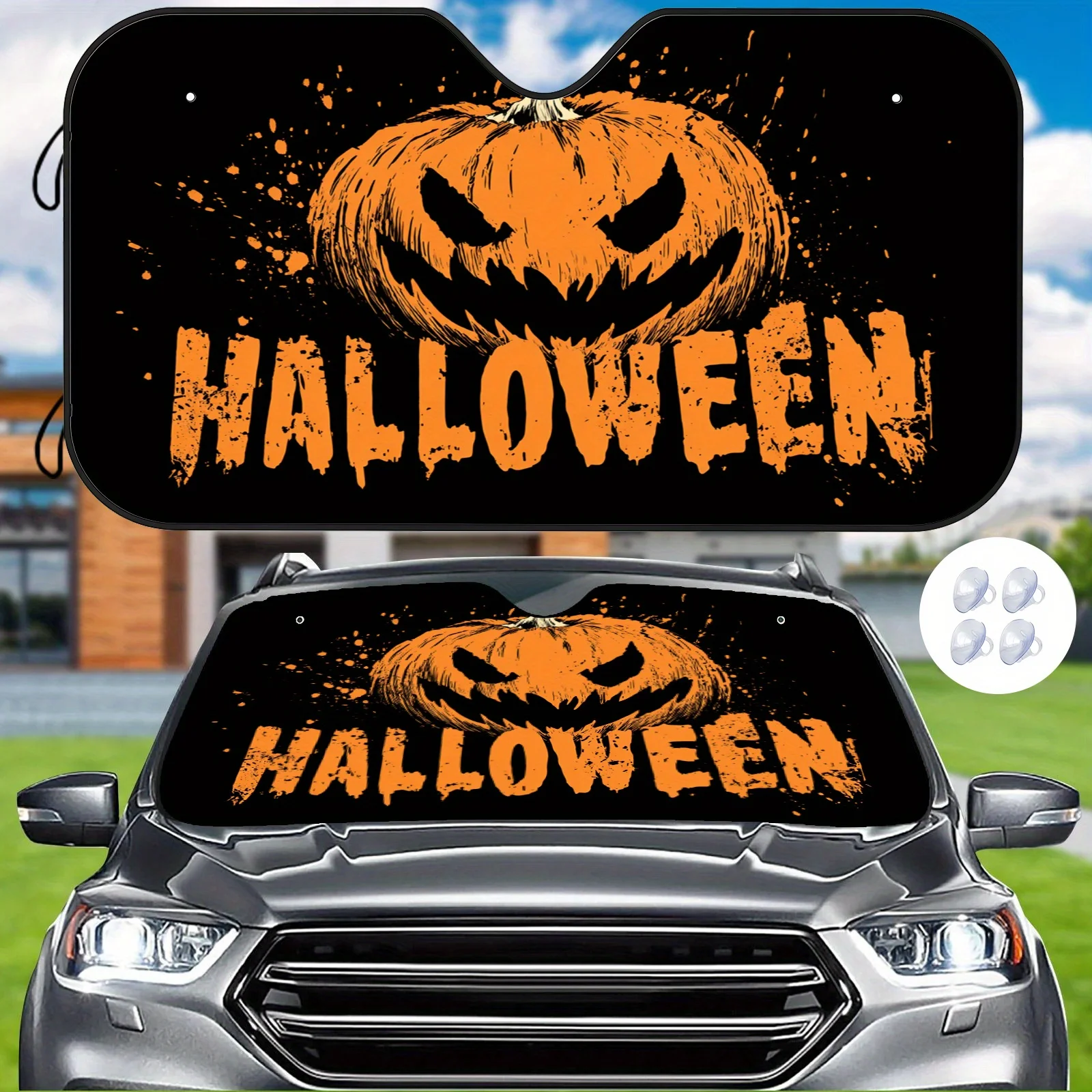 Halloween Pumpkin Car Sunshade, Festive Themed Design, Heat Insulating And High-temperature Resistant, Keeps The Car Cool, Inclu