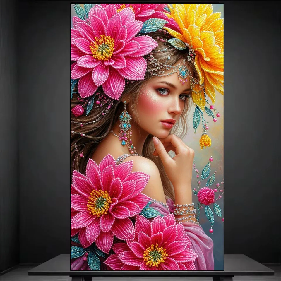 

5D DIY Diamond Painting Full Round Square Diamond Mosaic Women's Flower Head Decorative Artwork Rhinestone Home Decoration