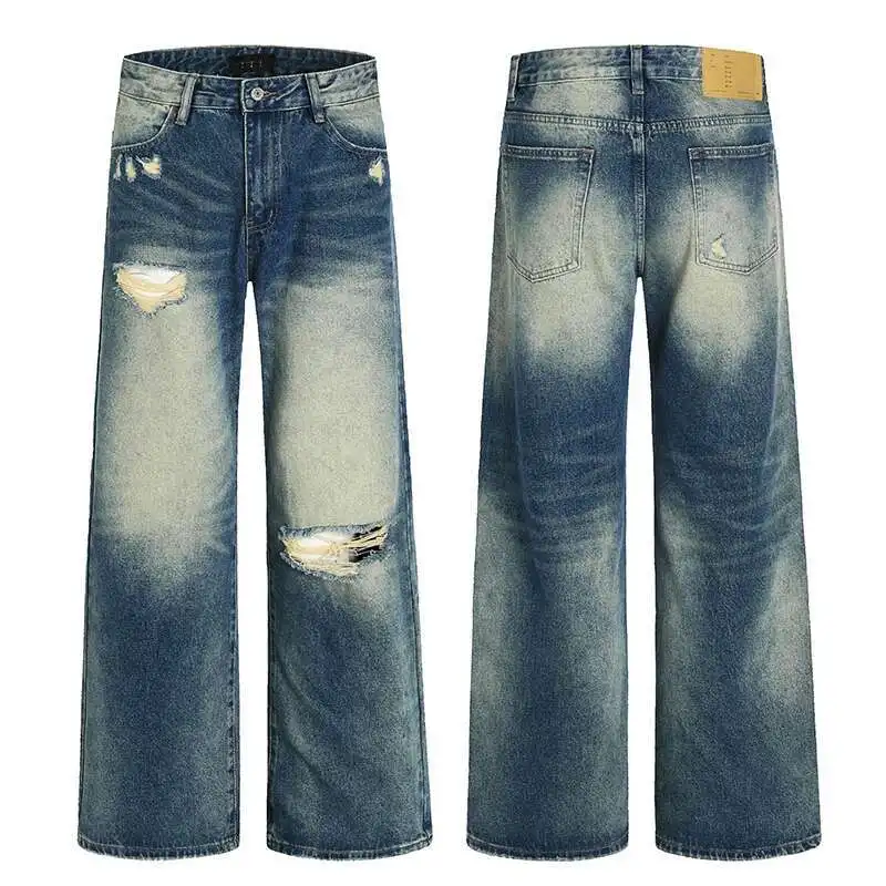

Мужские нишевые джинсовые брюки с контрастными цветными отверстиями, потертая нижняя часть, прямые брюки, стильные мужские джинсы, летняя мода 99J1