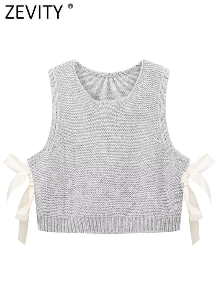 Zevity New Women Fashion Sleeveless Side Bow Tied Design Short Knitting Vest Sweater Female Chic Waistcoat Pullovers Tops SW6301