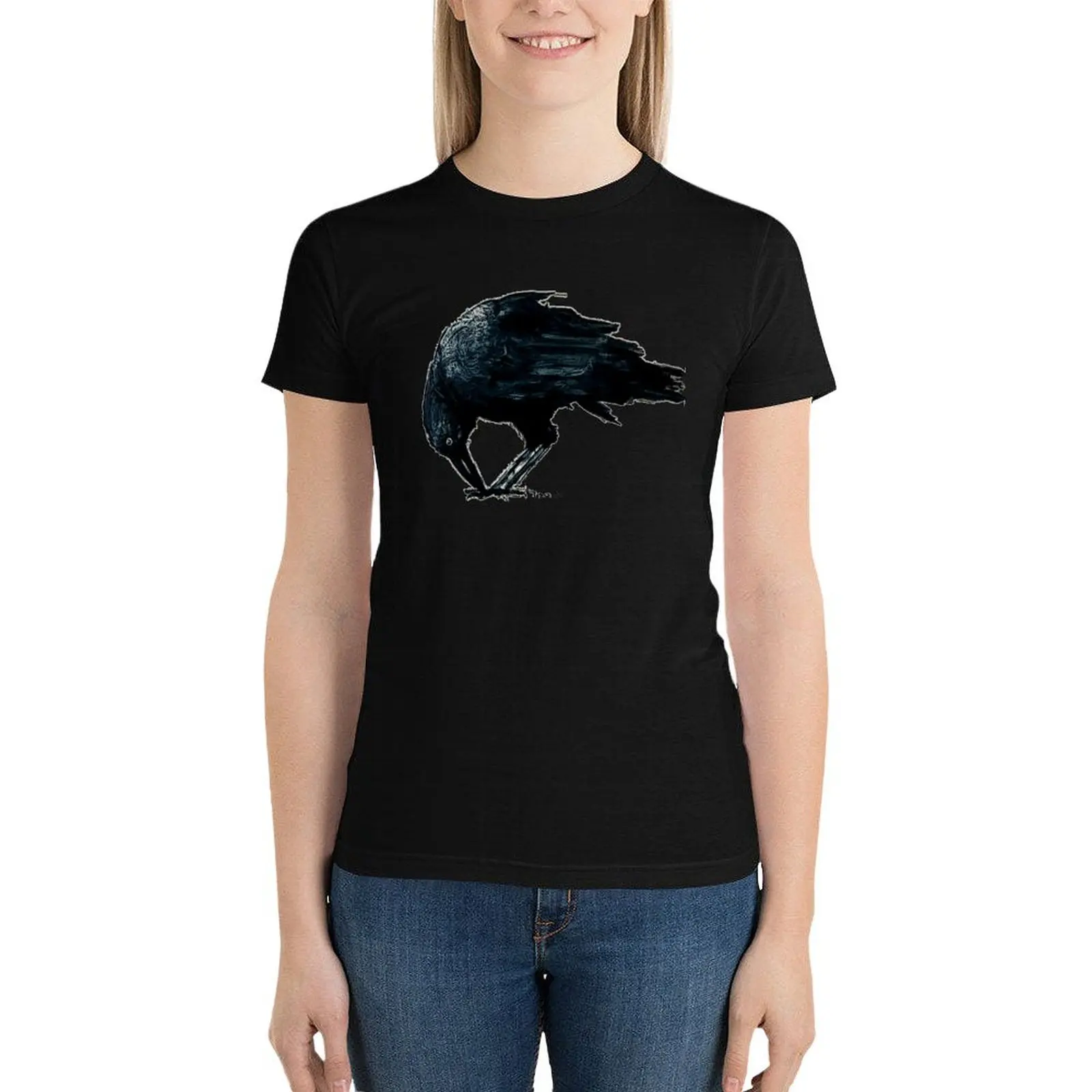 

crow T-Shirt vintage clothes Short sleeve tee hippie clothes Top Women