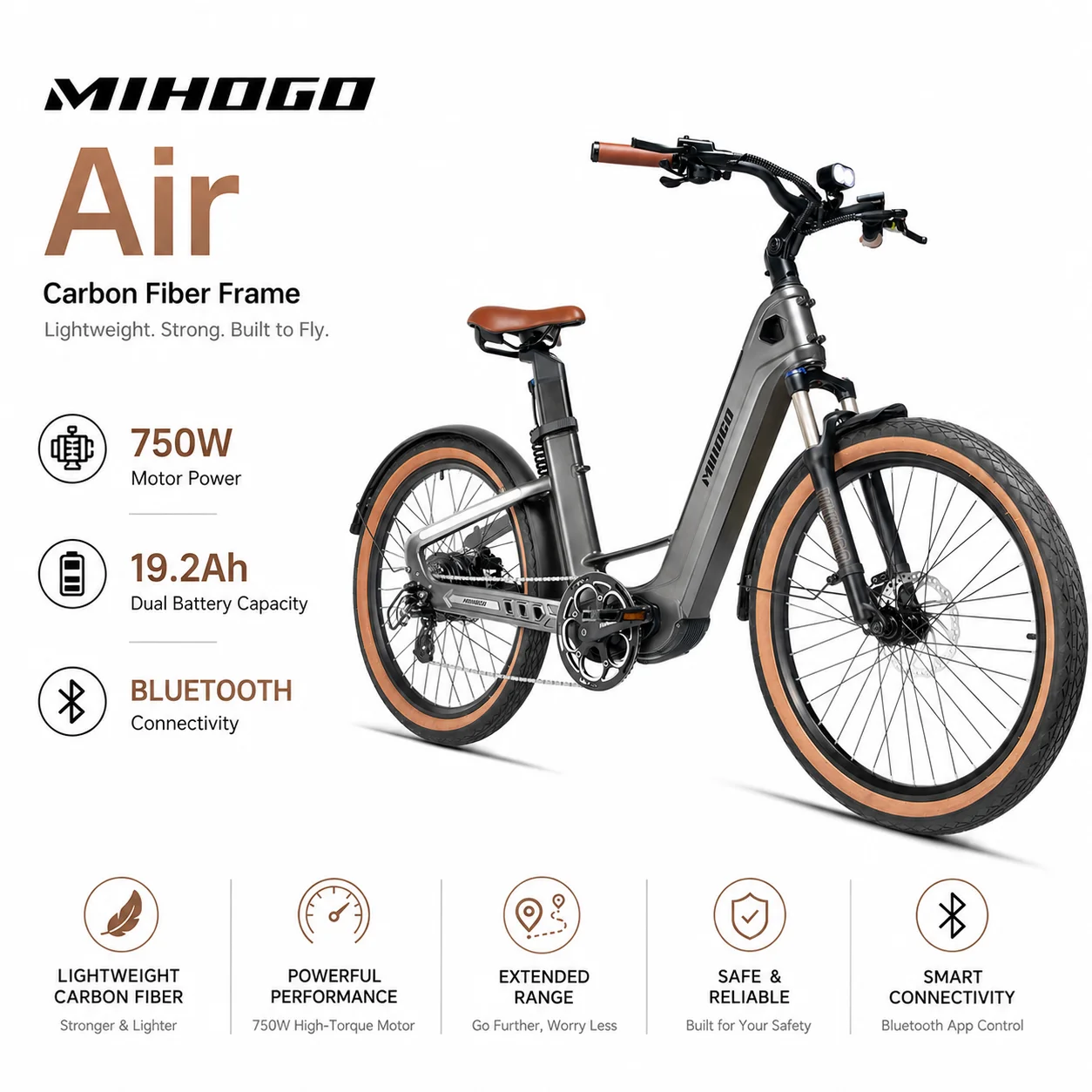 MIHOGO Vélo électrique Fibre de carbone,moteur 750W,batterie 48V19.2AH,40KM/H,Haute qualité et Propriétés pneumatiques,Économies de force,Trajets urbains et cyclisme hors route,Vélo de route