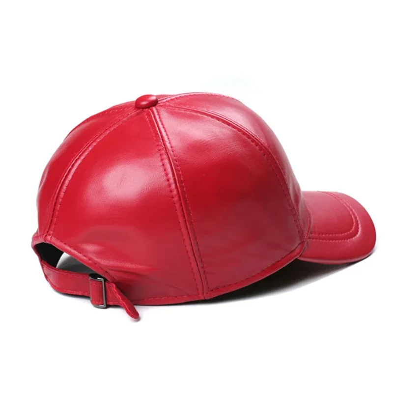 New Women/Men Real Leather Red Baseball Caps Sheepskin Casual Men Youth Duck Tongue Warm Hats Hip Pop Bonnet Femme