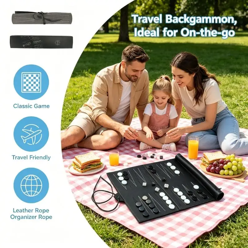 Portable Travel Board Game trategy Board Game Backgammon Board Game Folding PU Leather Chess Board Easy to Play 24BD