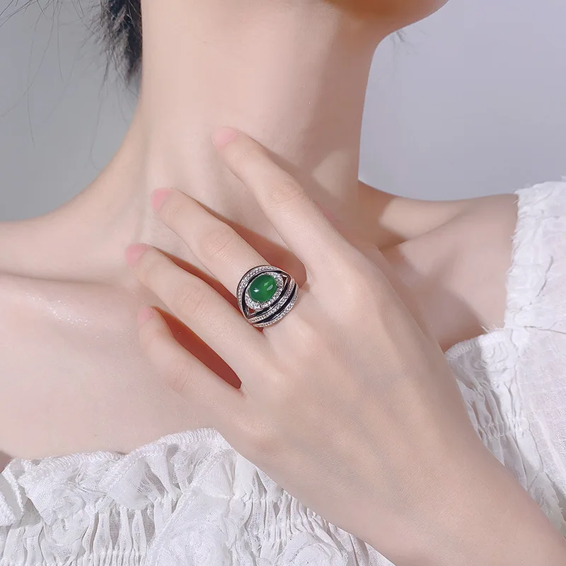 Jewelry Ring Oval Royal Blue Red Corundum Green Chalcedony Fashion Sense Women's Vintage High-end Feel