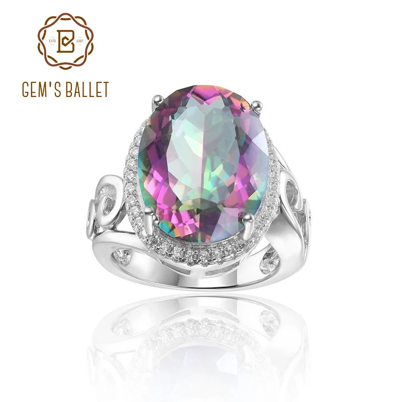 GEM'S BALLET 9.10Carat 12x16mm Oval Rainbow Mystic Topaz Birthstone Cocktail  Rings in 925 Sterling Silver For Women Jewelry