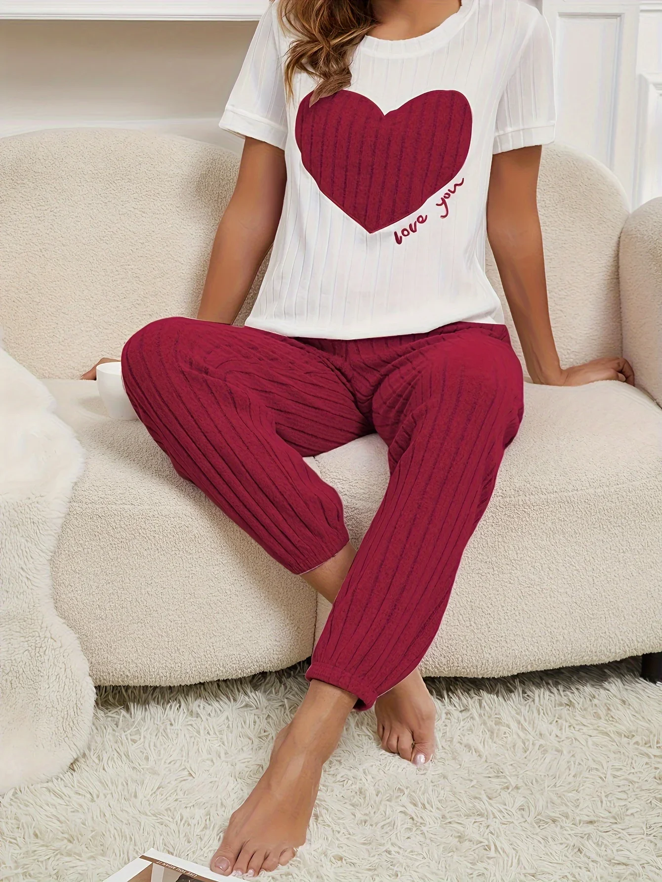 Women Autumn Winter Two-Piece Pajamas Set Soft Ribbed Fabric Short Sleeve Round Neck T-shirt Top and Trousers Loungewear