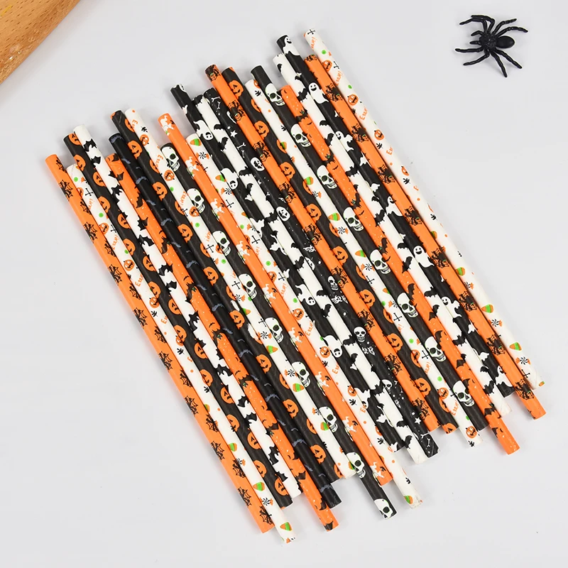 

25Pcs Halloween Paper Straws Pumpkin Bat Skeleton Spider Web Disposable Drinking Straws Halloween Party Decorations Home Decor