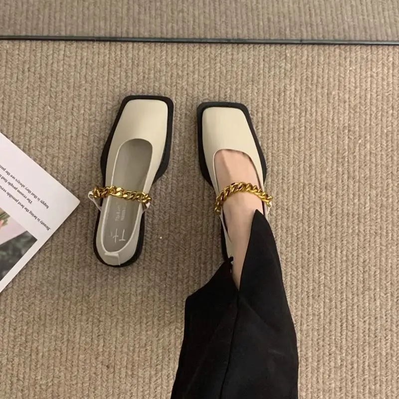 

2025 New Retro British Style Metal Chain Square Toe Mary Jane Loafers Women's Versatile Casual Shoes Comfortable Low Heel