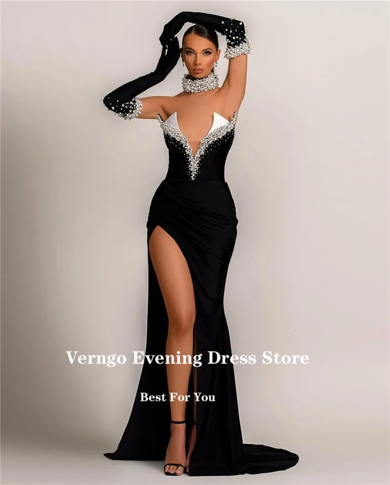 Verngo Sexy Black Mermaid Long Gloves Evening Dresses Sweethear Plearls Split Formal Prom Gowns Party Celebrity Occasion Dress