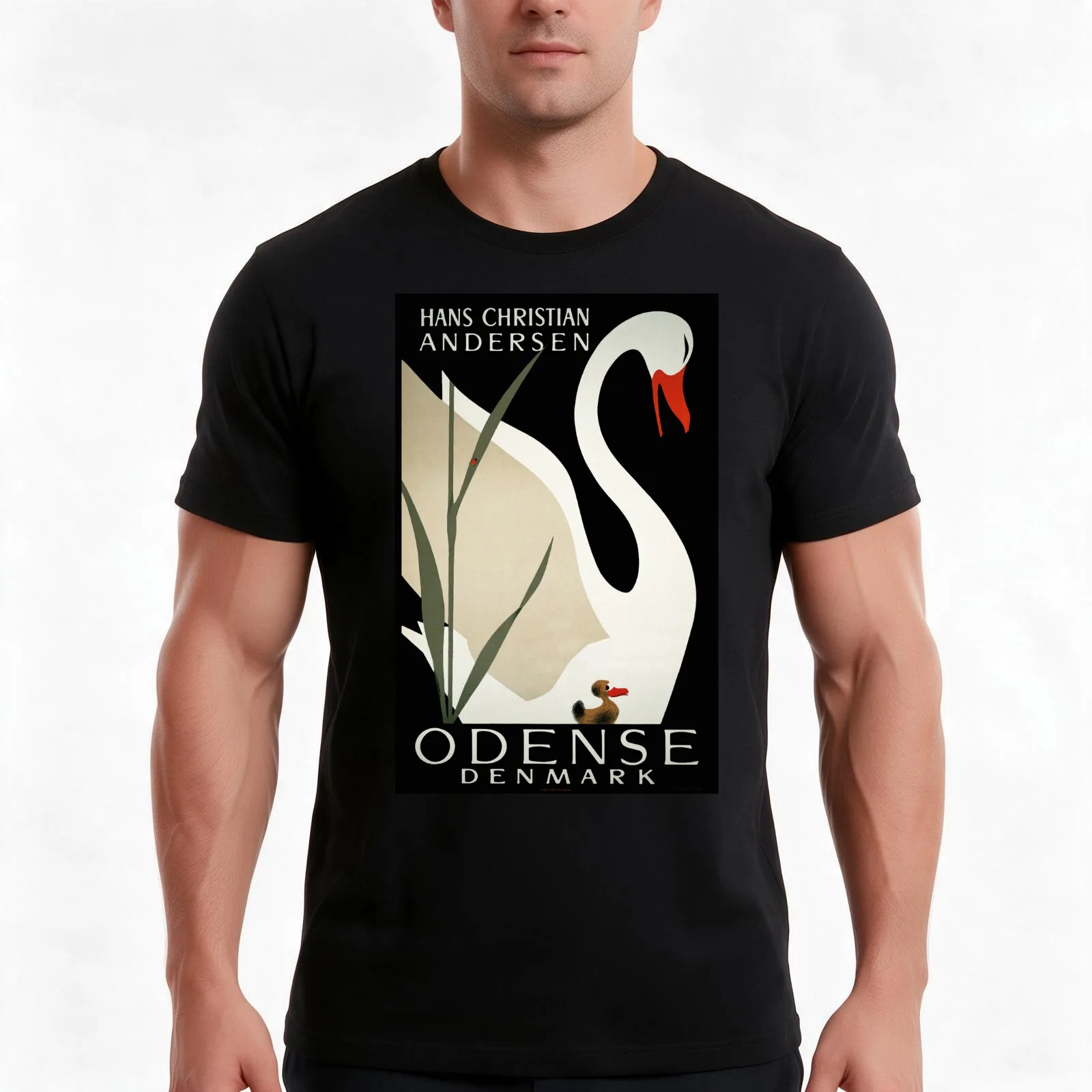 Vintage Odense Denmark white swan travel advert T-Shirt Summer Casual Cotton Tee Oversized Streetwear Tops Unisex Men Women