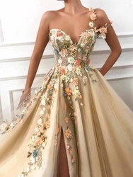 Customized A Line Champagne 3D Flowers Evening Dresses Side Slit Women Formal Party One-Shoulder Prom Gowns Vestido De Fiesta