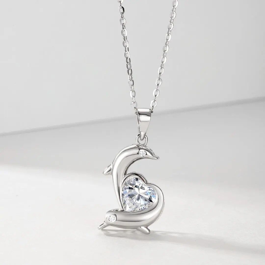 S925 Silver Plated 18K Platinum Heart Shape Moissanite Diamond Double Dolphin Necklace 1.2ct