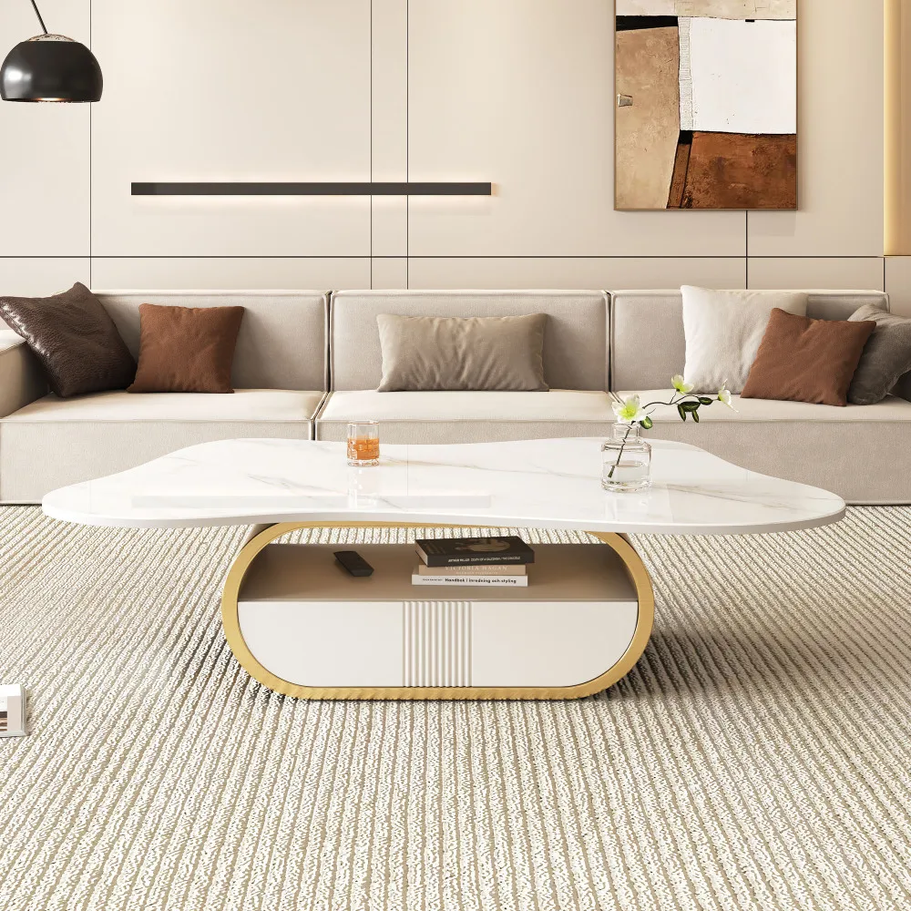 Modern Butterfly Coffee Table with Sintered Stone Top Oval Center Table Storage Shelf & Drawer Stainless Steel Base MDF Cabinet