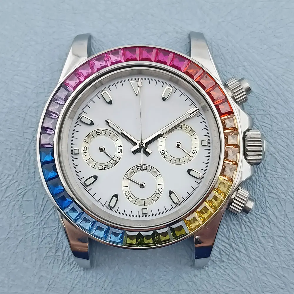 39.5mm Color Ring watch case 316L stainless steel sapphire Glass 10bar fit VK series 63 movement waterproof Panda watch dial