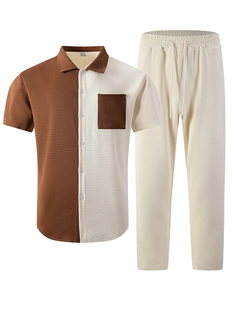 Men's Summer Color Block Patchwork Short Sleeve Shirt & Drawstring Long Pants Set for Daily Casual and Outdoor Travel Outfits - view 2