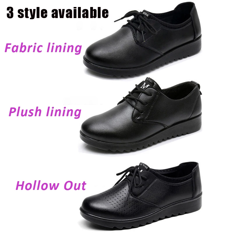 Zapatos Oxford de cuero para mujer, mocasines planos con cuña, informales, con cordones, antideslizantes, color negro liso, para el trabajo y la