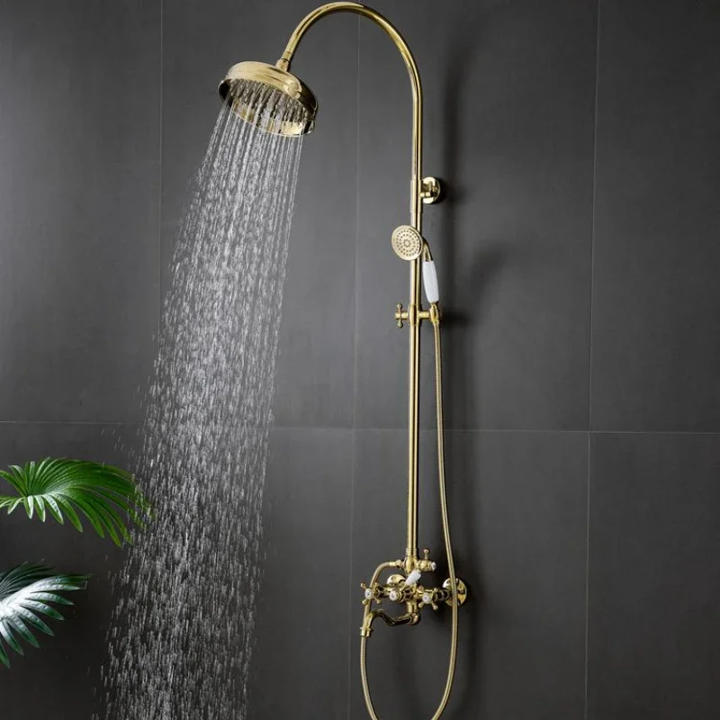 Golden shower set with retro dual control cold and hot three function fully copper shower, adjustable for household bathroom