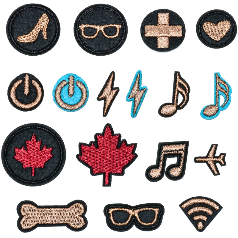 

100pcs/Lot Fun Items Embroidery Patch Rose Gold Power Glasses Maple Lightning Note Shirt Clothing Decoration Craft Applique