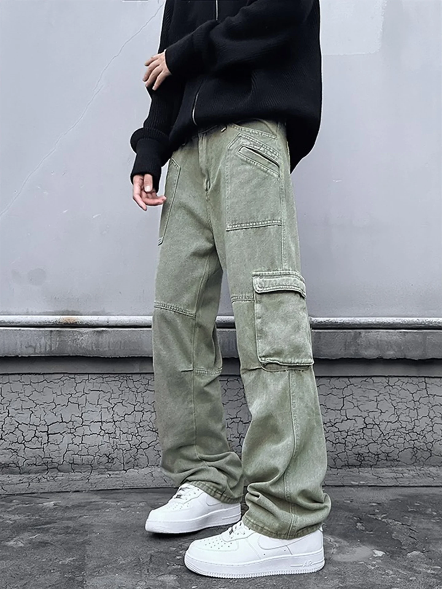 

Мужские рабочие брюки в стиле ретро American High Street, желтые, грязно-синие, с множеством карманов, свободные джинсы, прямые длинные брюки