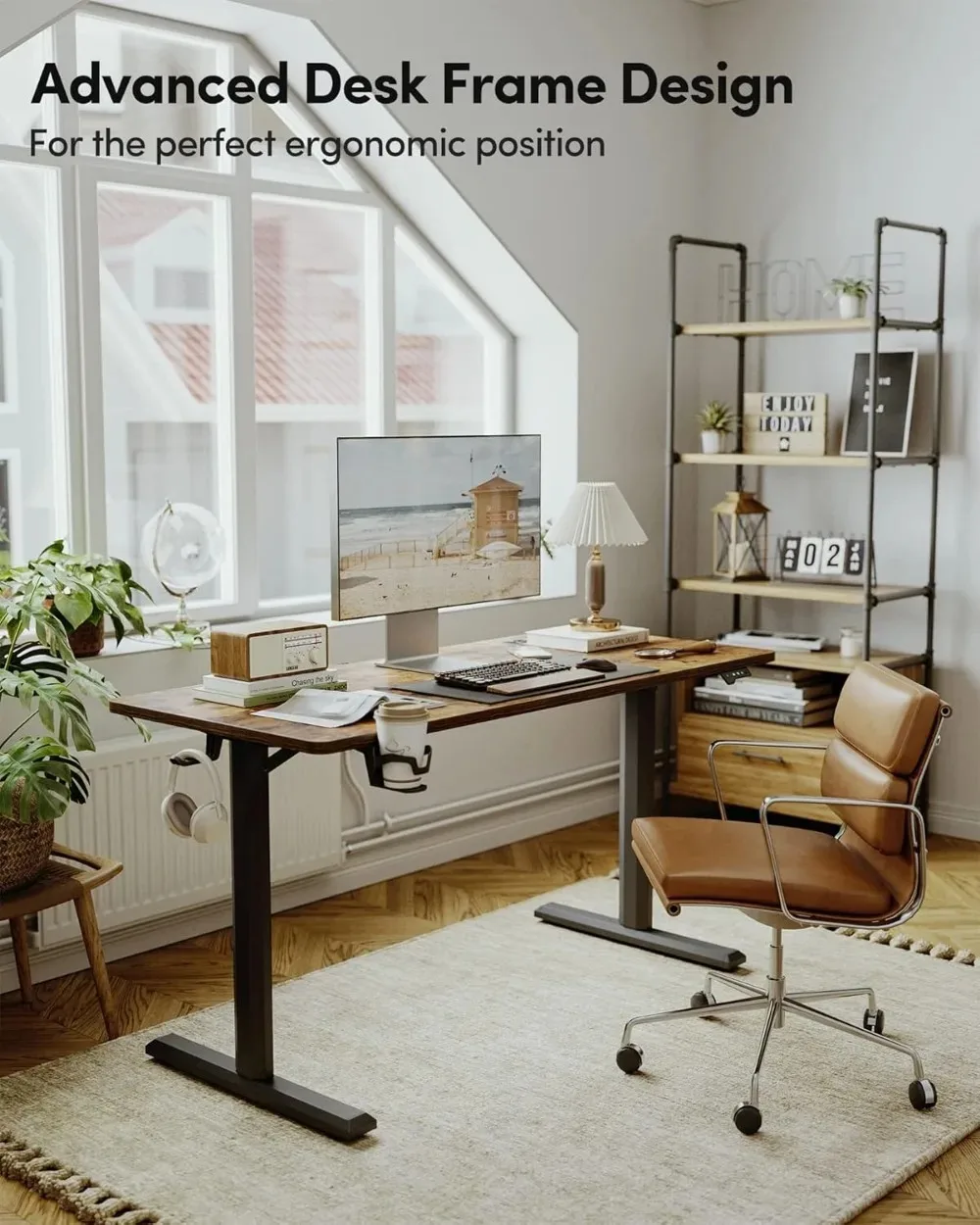 Electric Height Adjustable Standing Desk, 55x24 Inches Sit Stand Home Office Table with Splice Board, Rustic Brown