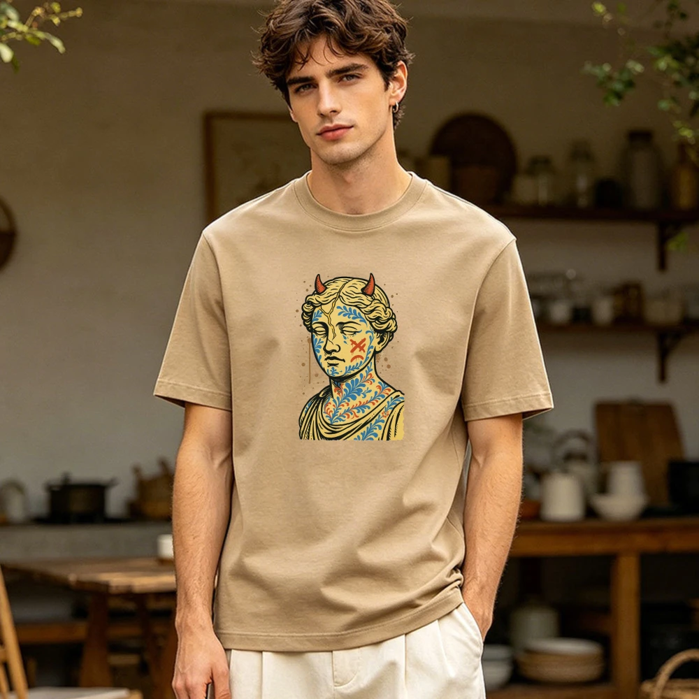 Horned Statue Sculpture Floral Tattoo Pattern Men Summer Cotton T Shirt Retro Ancient Figure Casual Daily Holiday Wear Tee