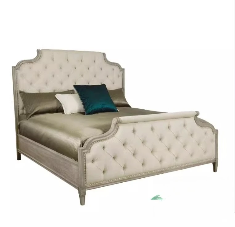 Amerikanisches Luxus-Massivholzbett im Retro-Stil, Doppelbett mit weicher Polsterung, Hochzeitsbett, Montagebett mit Regal, verwitterte Esche