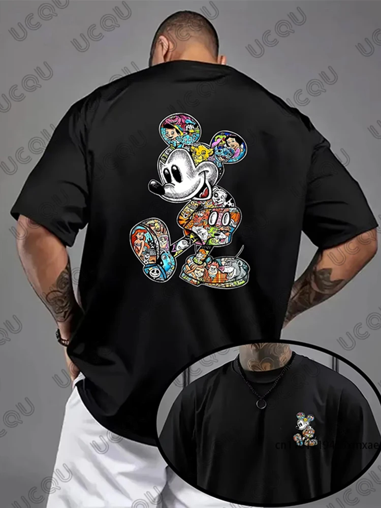 2025 جديد ديزني ميكي ماوس تي شيرت مطبوع للرجال الصيف قصيرة الأكمام القطن تيز الذكور الملابس الرياضية غير رسمية المتضخم القمم
