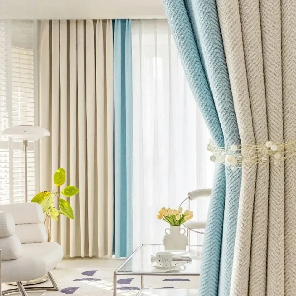 

Thickened High-shading Cream Curtains For Living Dining Room Bedroom Herringbone Pattern Cotton And Linen Splicing Customized