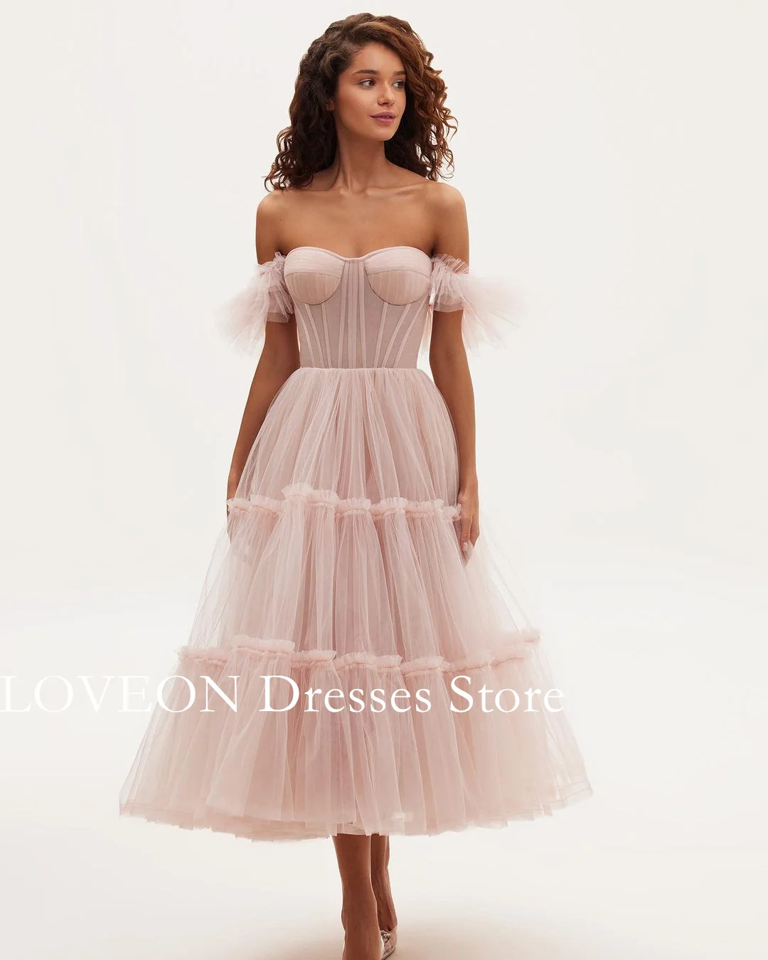 

GIOIO Off the Shoulder Evening Dresses Short Sleeves Formal Tulle Ruched Pleated Vintage Buttons Elegant Prom Gowns Party Women