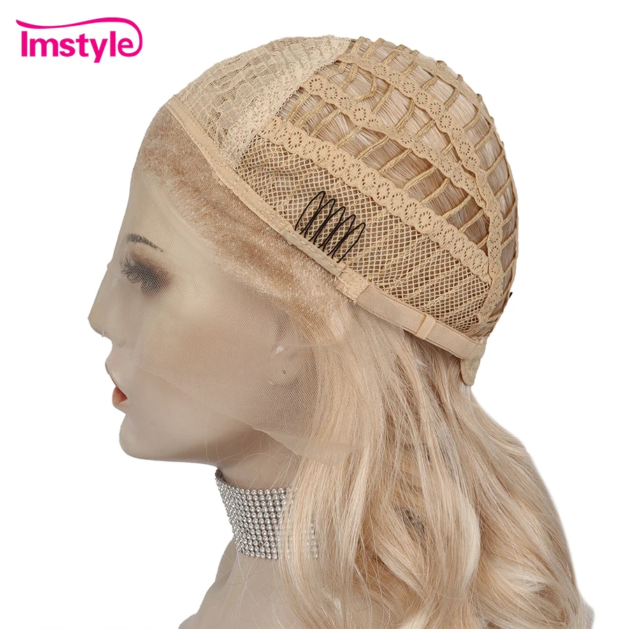 Imstyle Ombre Blonde Wig Short Synthetic Lace Front Wig Heat Resistant Fiber Natural Wavy Wigs For Women Cosplay Wig 16 Inch