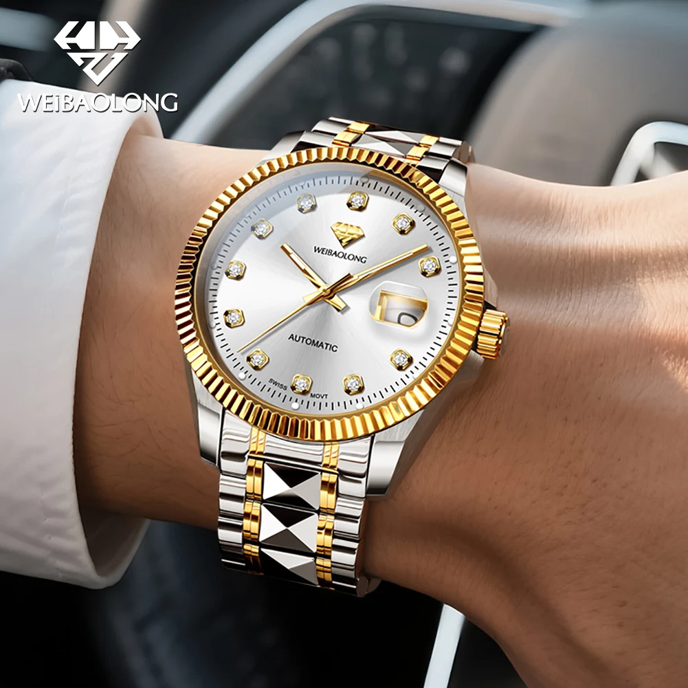ساعة WEIBAOLONG سويسرية للرجال من الماس الحقيقي ساعات مضيئة مقاومة للماء عميقة للرجال ساعة ميكانيكية أوتوماتيكية فاخرة