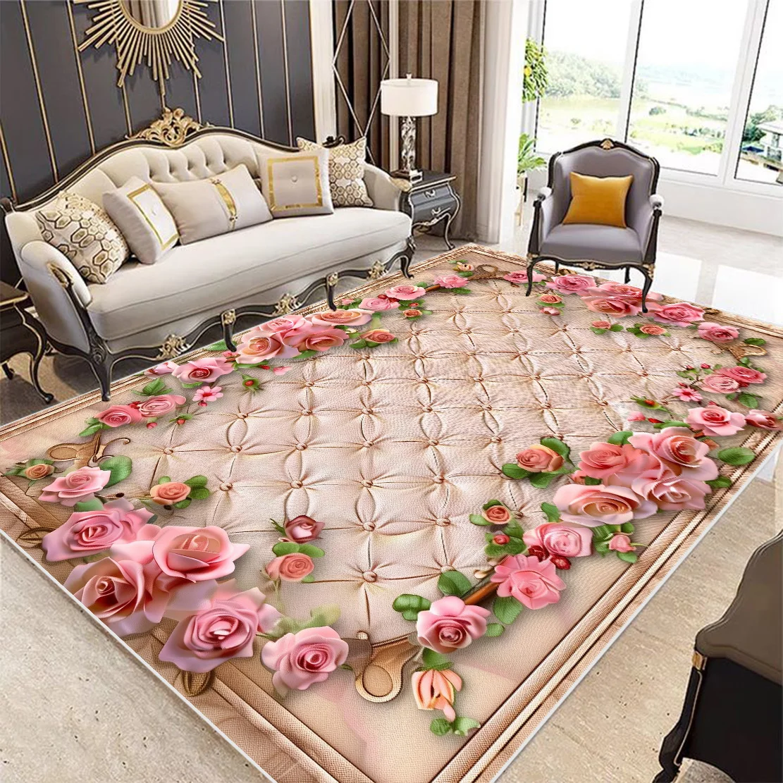 Nordic Light Luxury Living Room Carpet Flower Home Decora Carpet   Bedroom Lounge Non Slip Floor Mat Washable Children\'s Rug