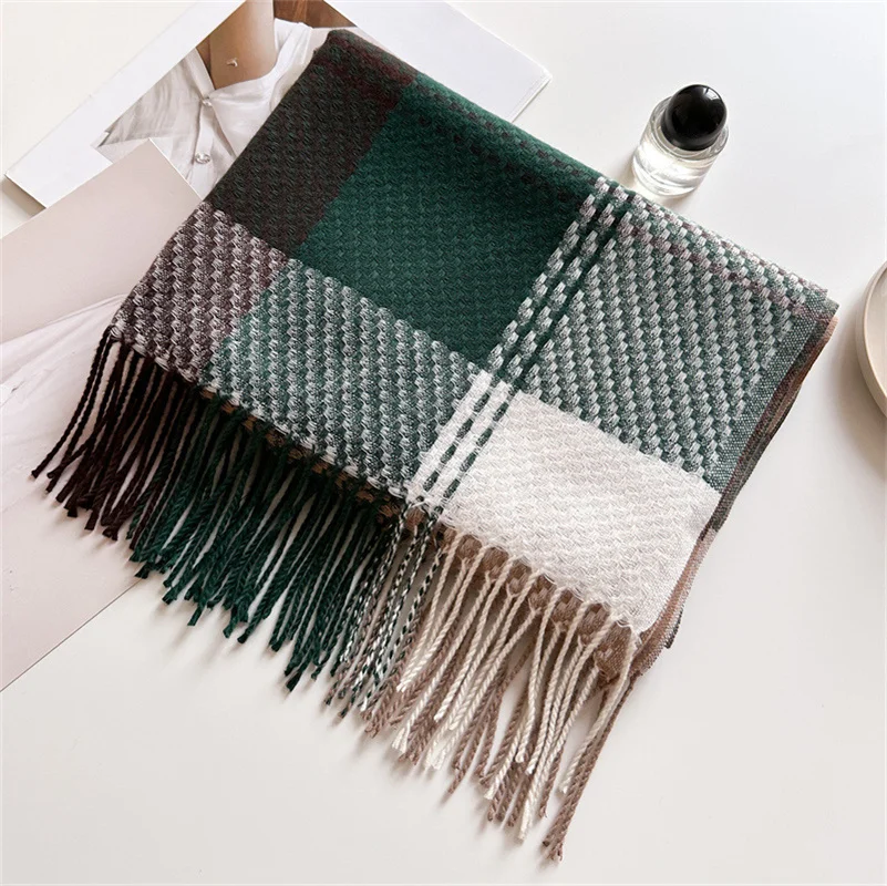 Winter Korean Style Mutilcolor Cashmere Big Checkered Scarf Thick Warm Shawl Women\'s Multi functional Headscarf Tassel Scarf