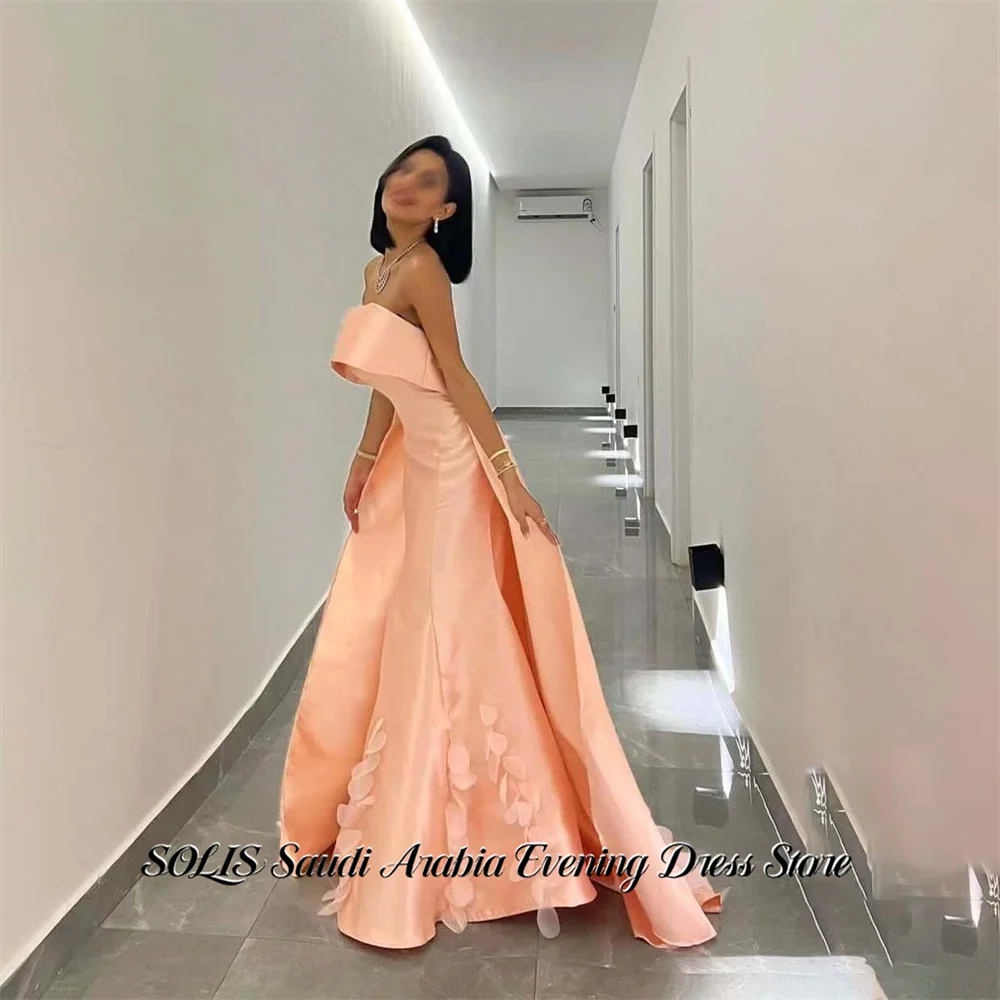 

SOLIS Coral Evening Gown Strapless A Line Prom Dresses Satin Wedding Evening Dresses with 3D Floral robes de soirée Customized