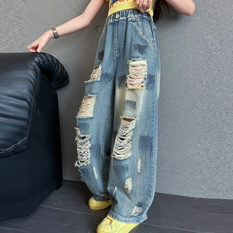 Korean Kids Fashion Broken Jeans With Holes for Teen Girl Trendy Retro Washed Blue Denim Pants Children Street Hiphop Trousers