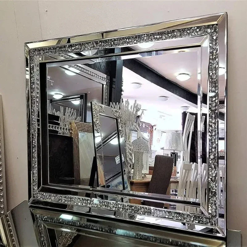 32x24 Crushed Diamond Beveled Wall Mirror Decor Silver Luxury Modern MDF Home Decoration Big Long  High-end Sturdy Hooks