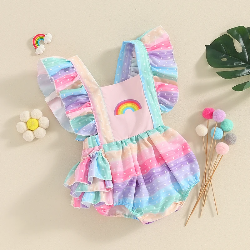 

Tregren 0-18M Newborn Baby Girl Raibow Rompers Cute Fly Sleeve Square Neck Striped Print Infant Bodysuit Summer Jumpsuit Clothes